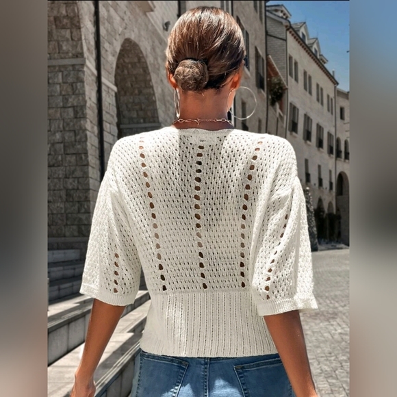 New Open Knit Crochet Scalloped Button Up Cardigan Sweater Beige Cream - Picture 5 of 8